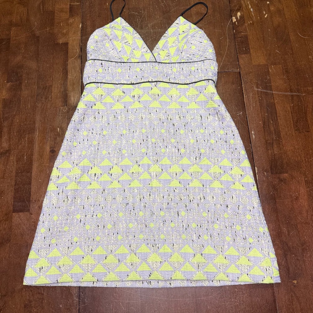 Hunter Bell Mini Dress Womens 6 Lavender Neon Yellow Geometric Jacquard V-Neck